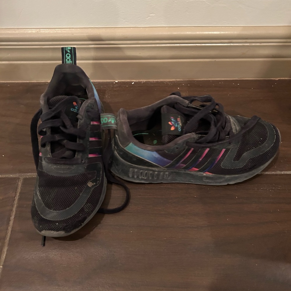 Adidas Kids Black Sneakers with Pink Stripes